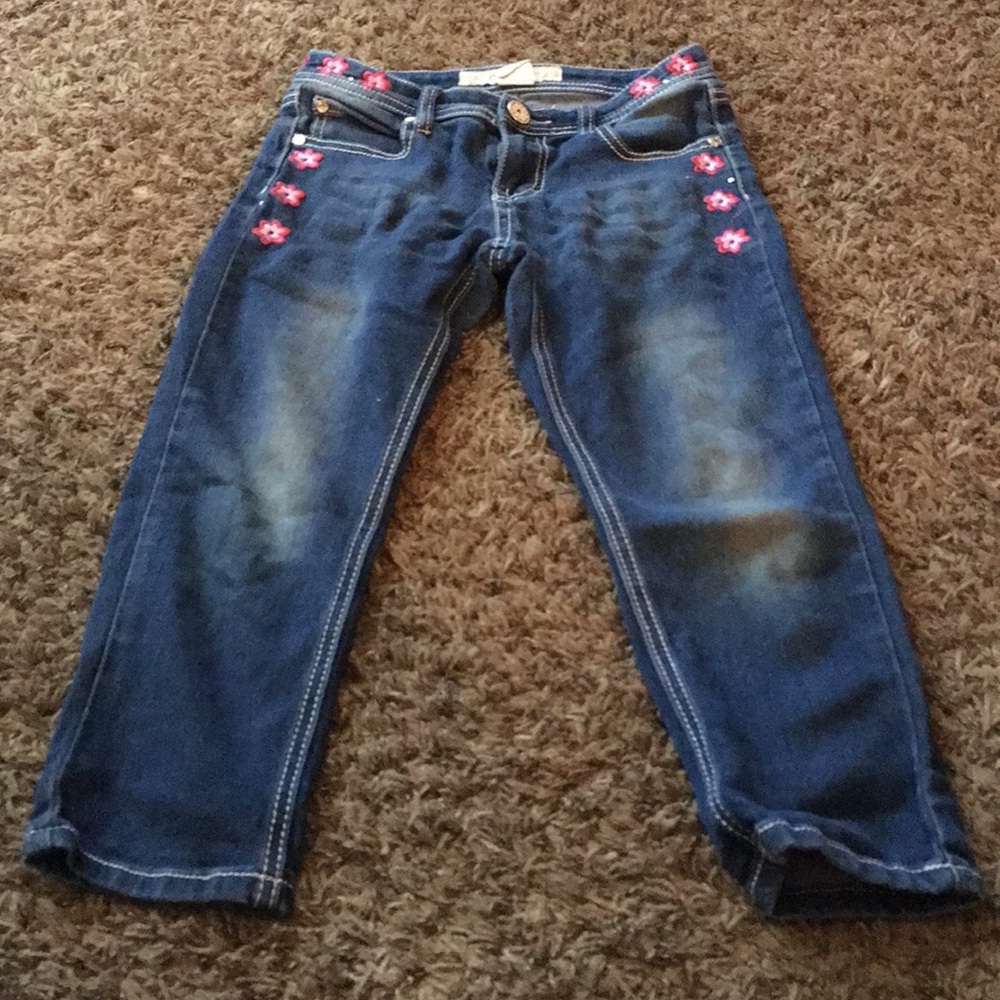 Blue jean capris with pink flowers(girls)
